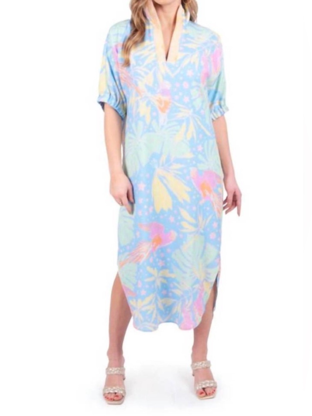 Emily McCarthy Blue and Green Midi Dress with Tropical Print